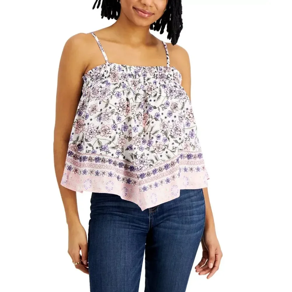 Juniors' Floral-Print Smocked Handkerchief-Hem Top Medium M short pastels